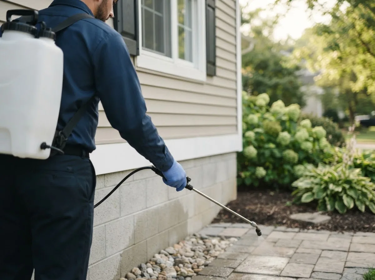 Pest control technician inspecting a home in Oriska, ND
